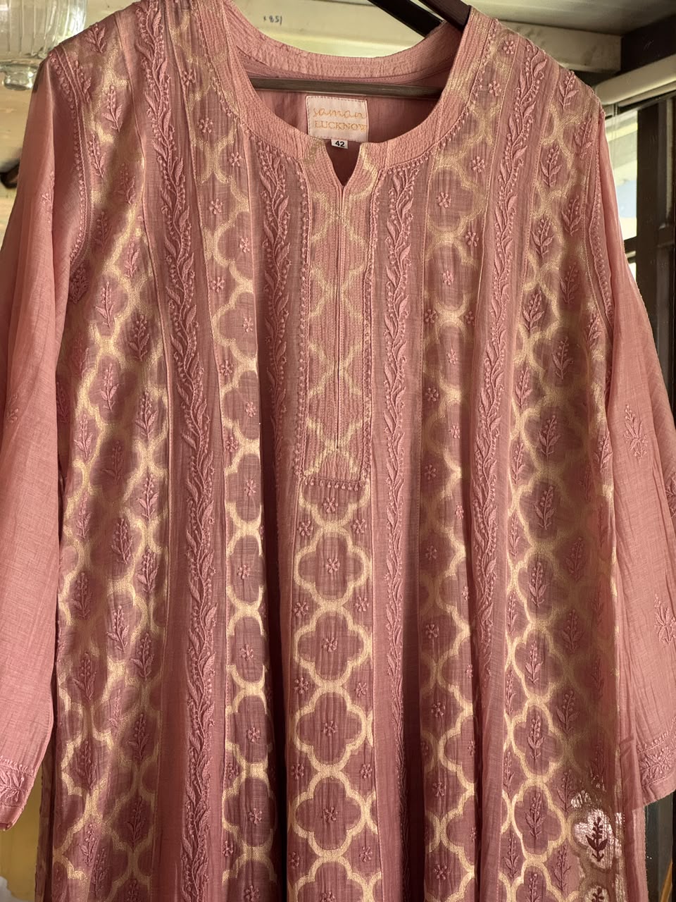 Onion Pink Zari Chanderi Chikankari A Line Kurta with Slip