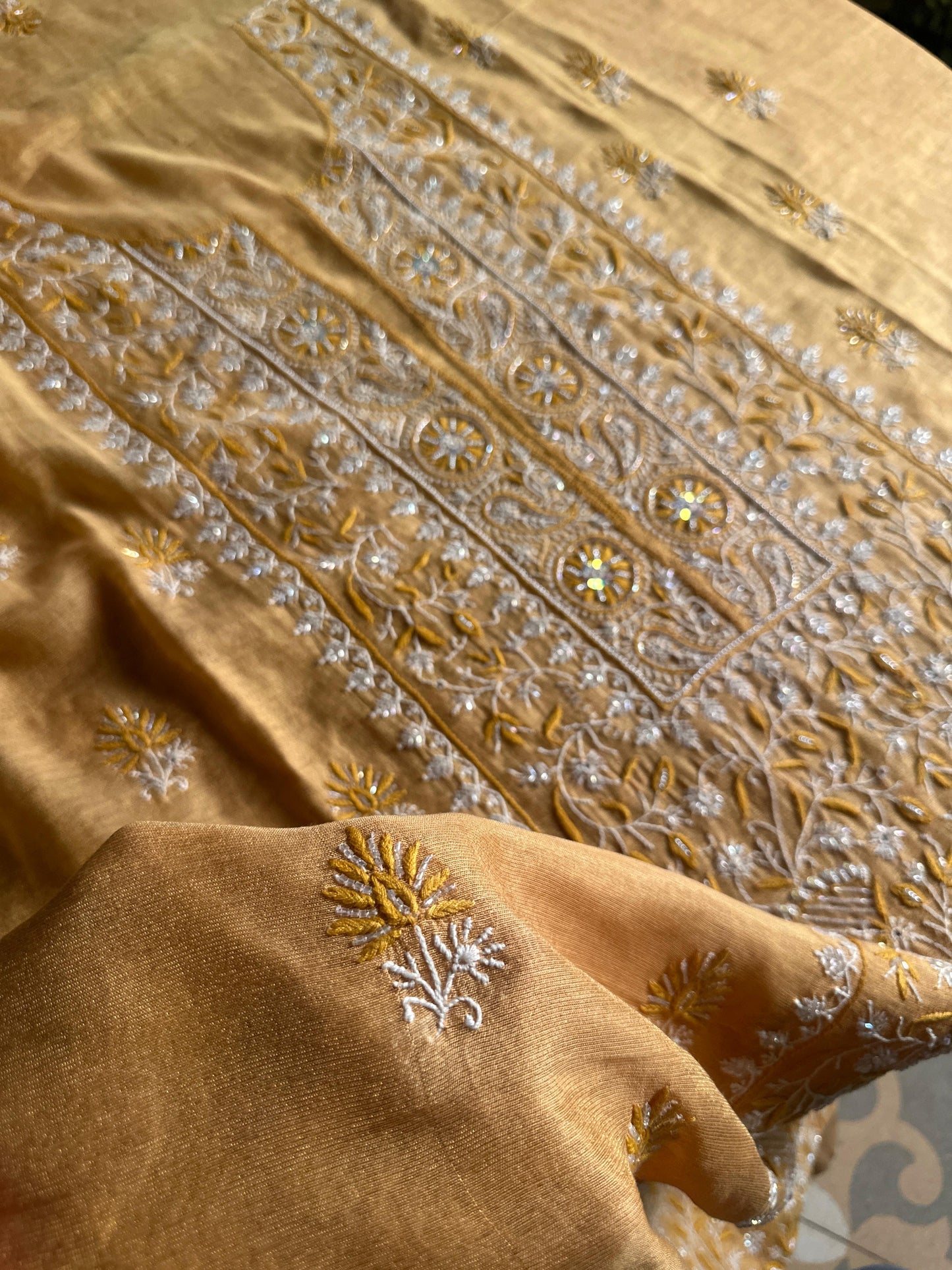 Yellow Tissue Silk Chikankari Unstitched Fabrics