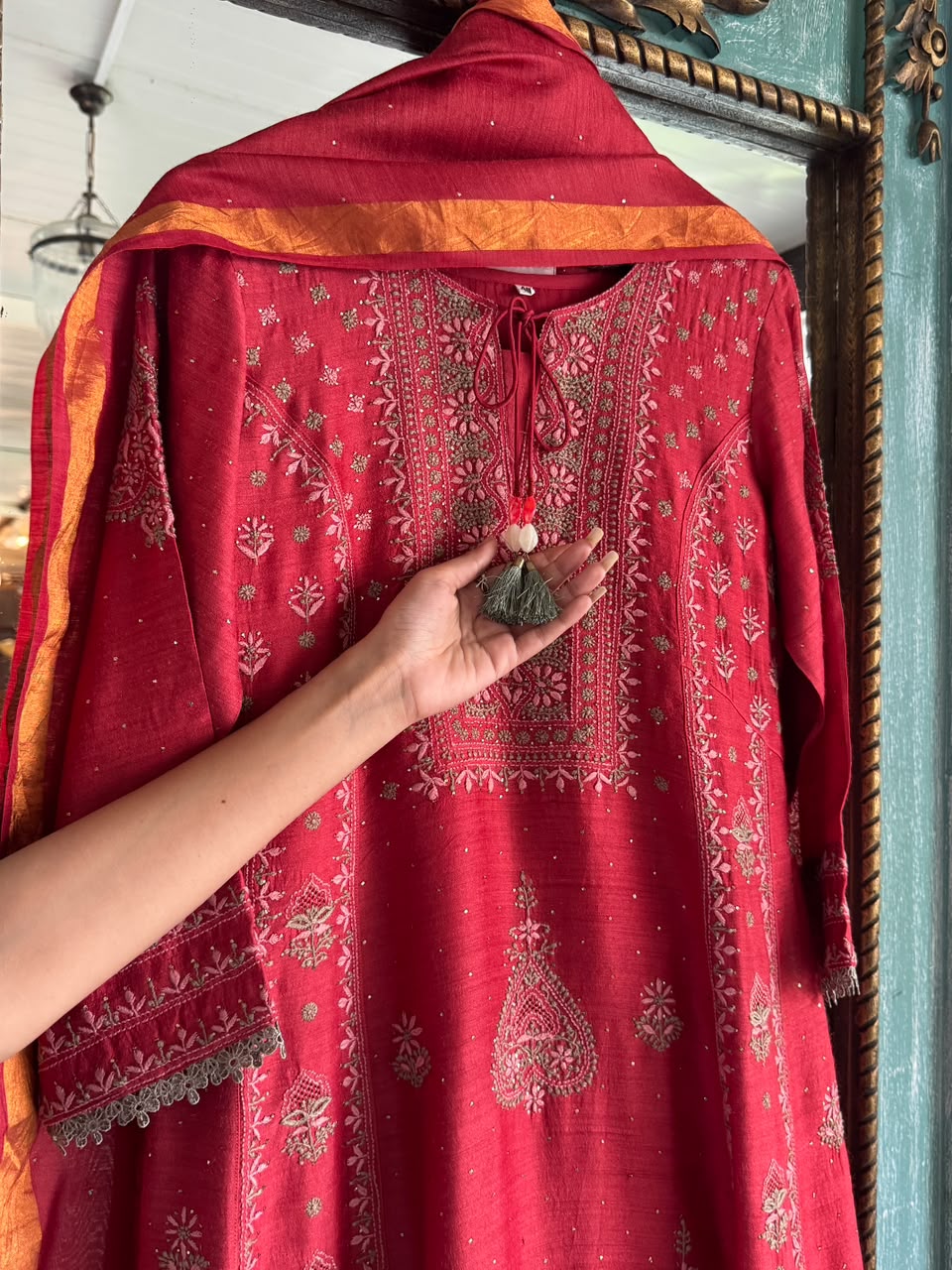 Brick Red Moonga Silk Chikankari Anarkali With Dupatta