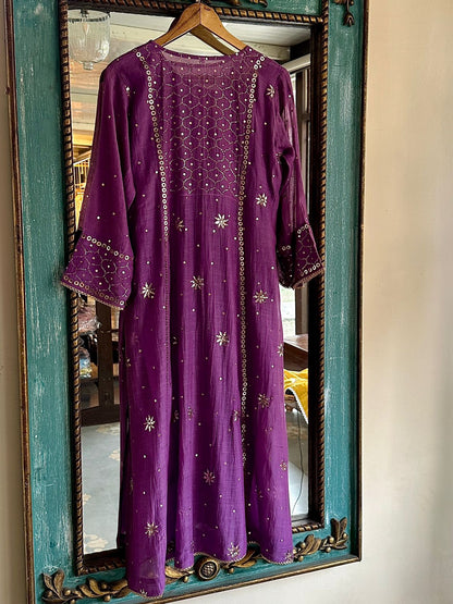 Deep Purple Shade Mukaish Mul Chanderi Silk Dress