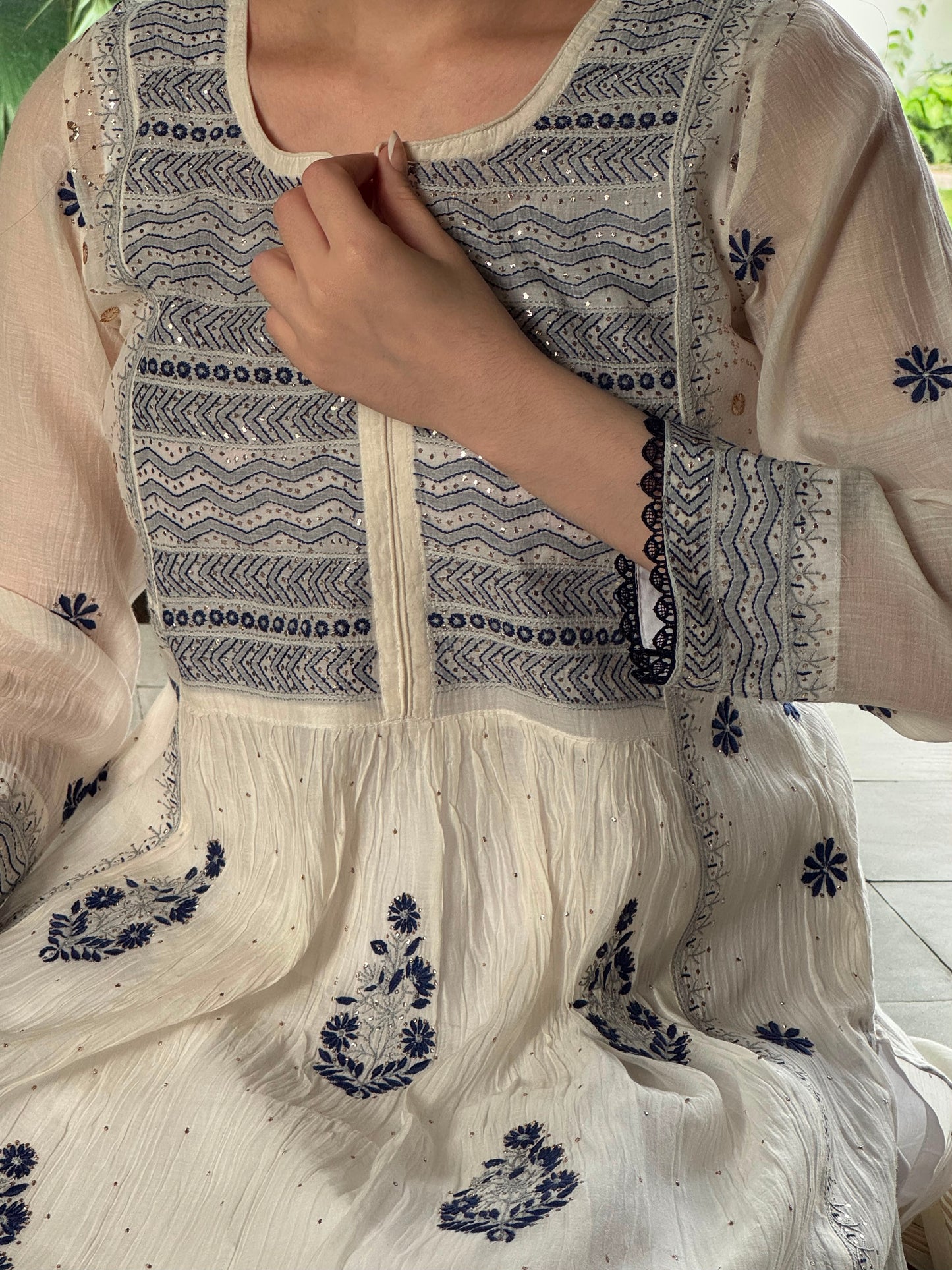 White Melon | Malmal Mukaish Kamdani Chikankari Stitched Kurta Dupatta Set