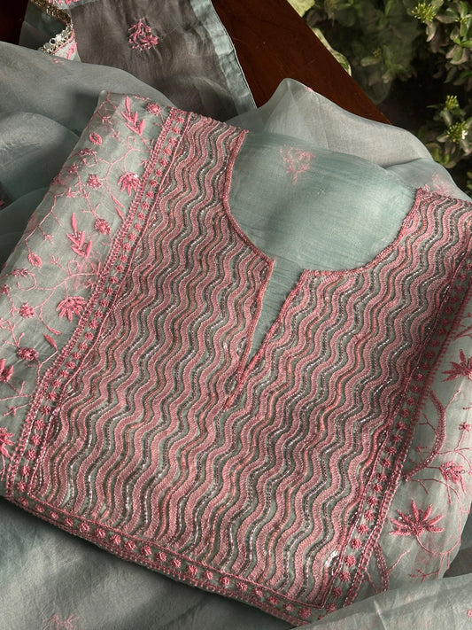 Sea Green Shade Noor Organza Silk Chikankari Unstitched Fabric