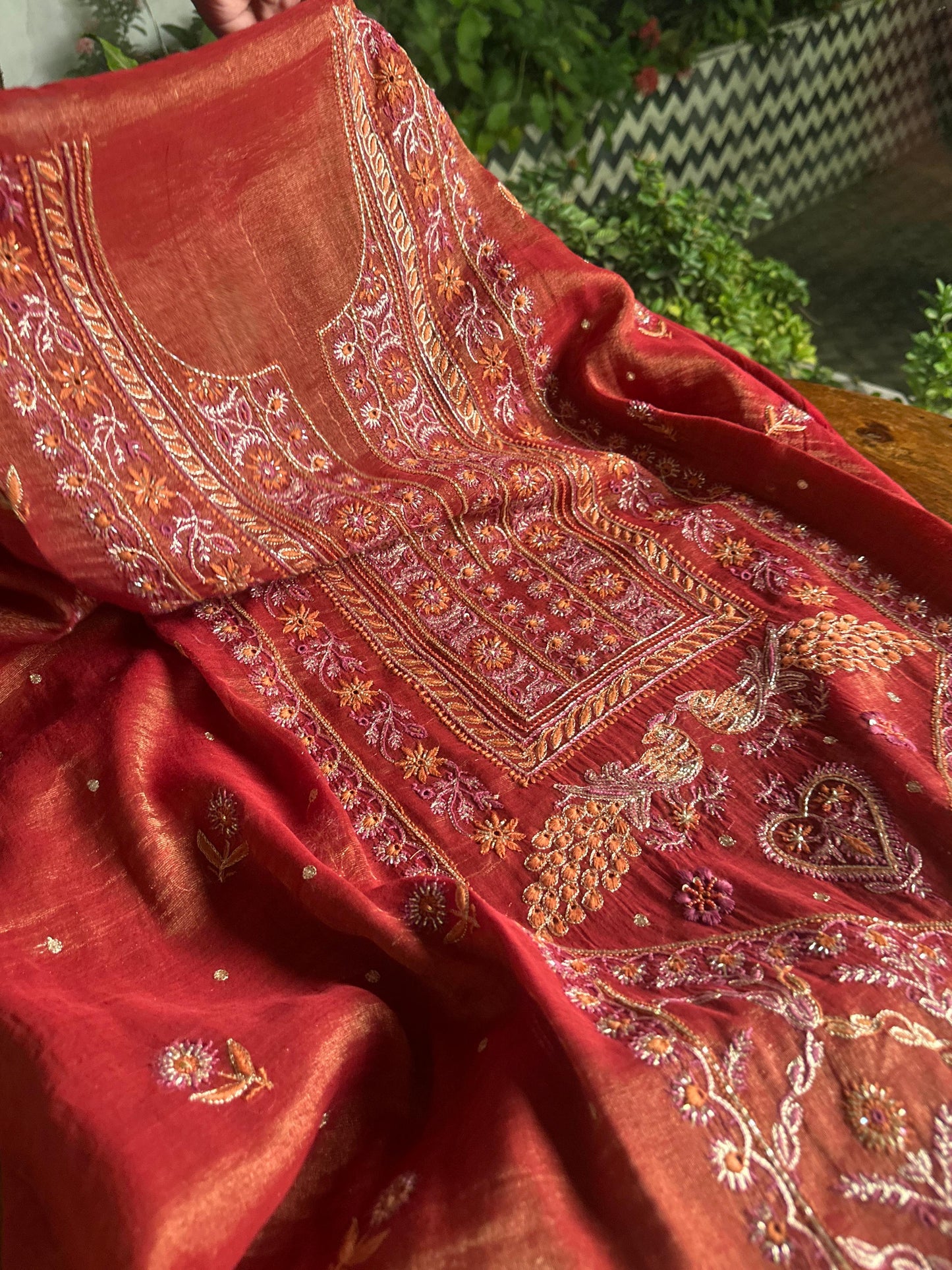 Red Tissue Silk Chikankari Unstitched Fabrics