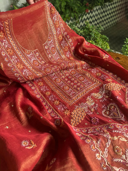 Red Tissue Silk Chikankari Unstitched Fabrics