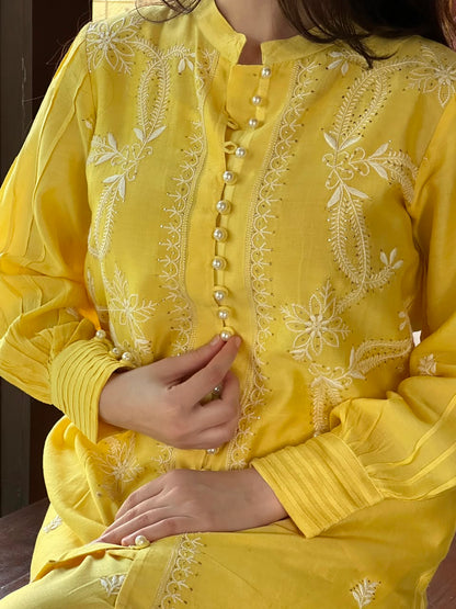 Yellow Shade Chanderi Chikankari Co-Ord Set