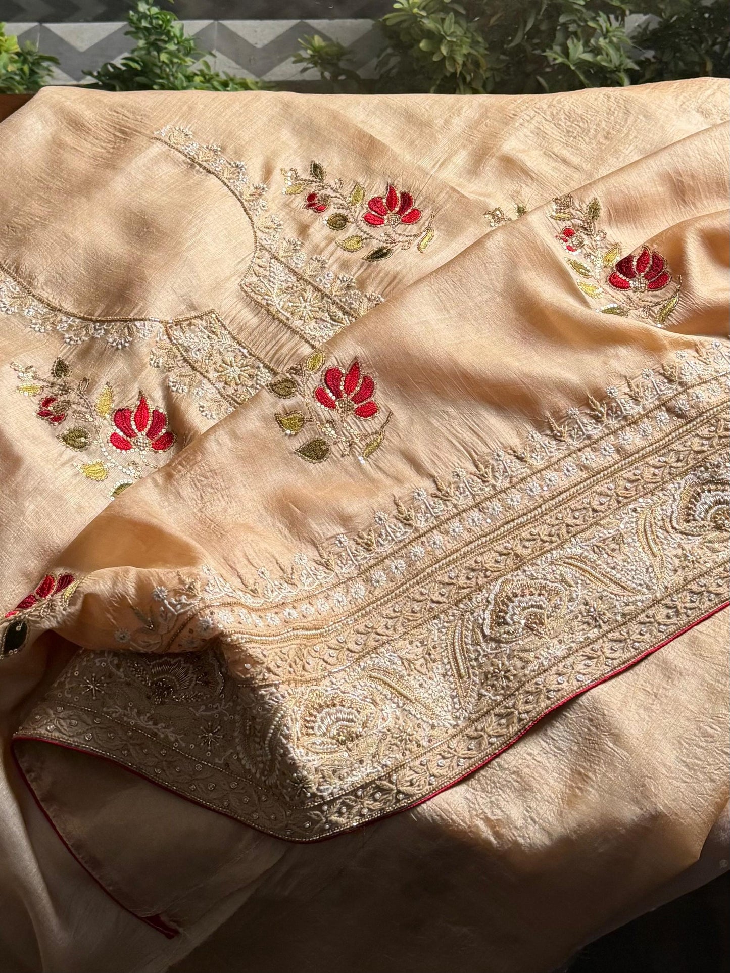 Natural Paper Tussar Resham Chikankari Unstitched Fabric Kurta Dupatta Set