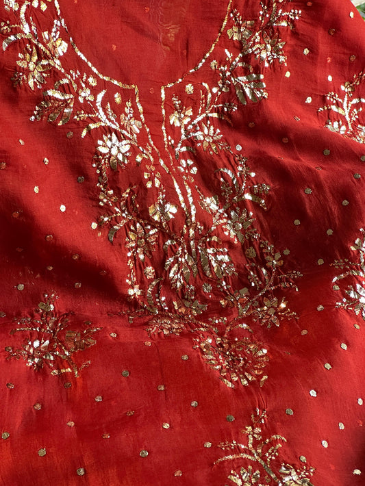 Red Shade Noor Organza Silk Badla Unstitched Kurta Dupatta Set