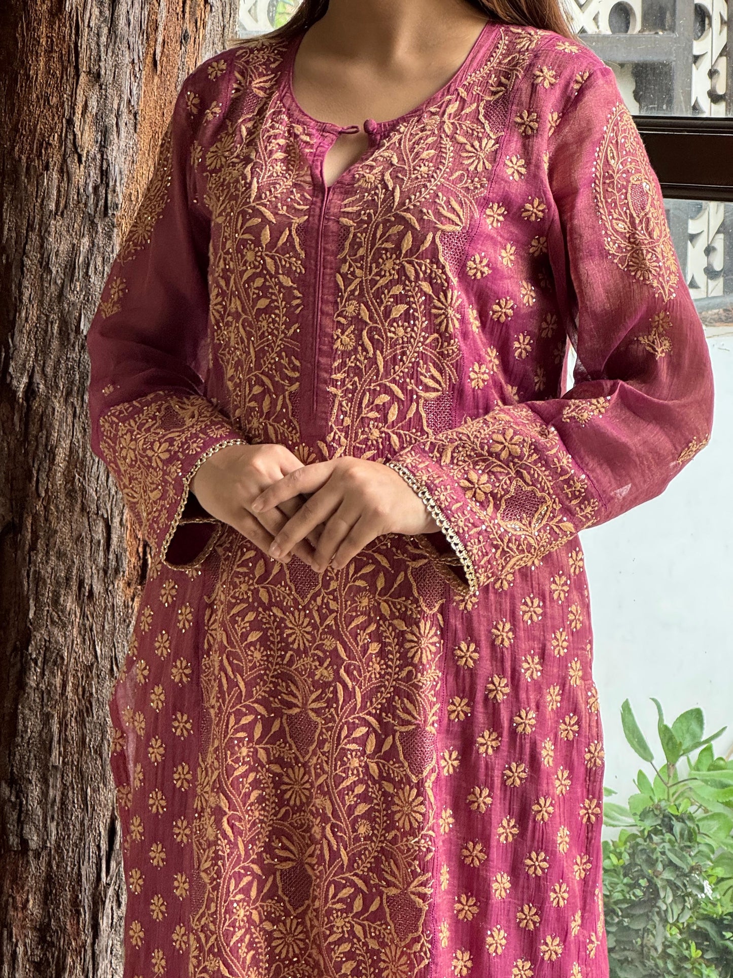 Cranberry Pink Shade Tissue Silk Chikankari Straight Cut Kurta Dupatta Set
