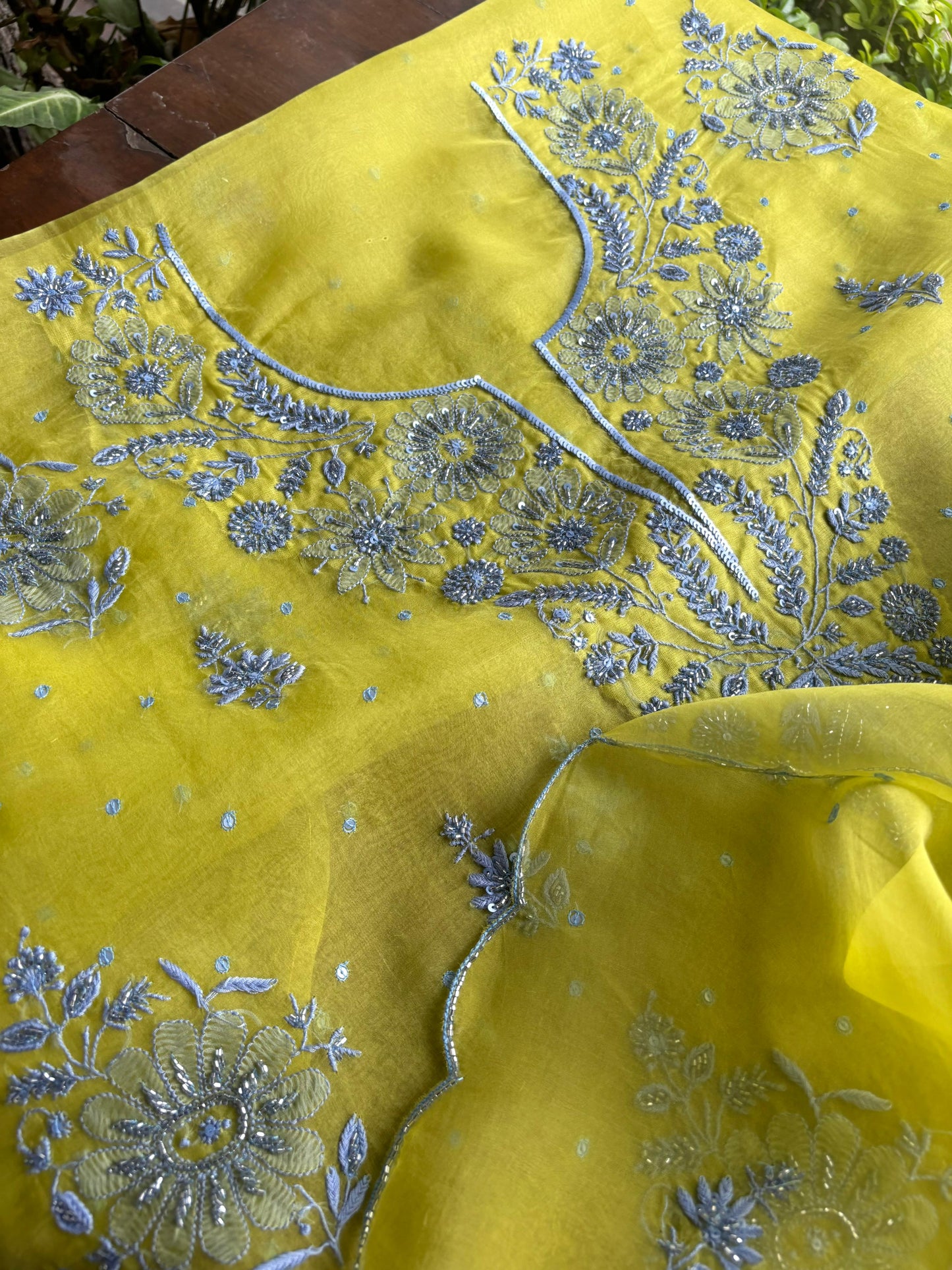 Lime Green & Grey Noor Organza Silk Chikankari Unstitched Fabric