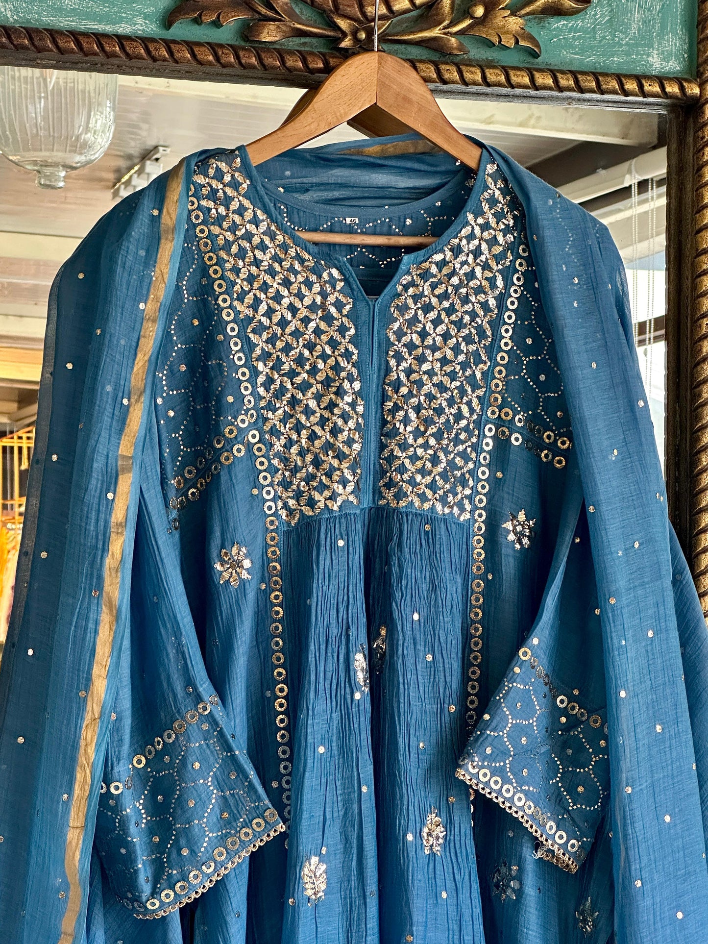 Blue Shade Mukaish Mul Chanderi Silk Dress