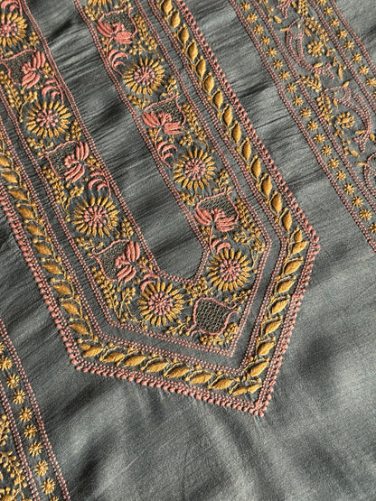 Blue Shade Moonga Silk Chikankari Men’s Kurta Fabric