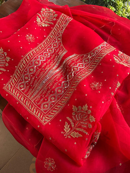 Red Noor Organza Silk Chikankari Unstitched Kurta Dupatta Set