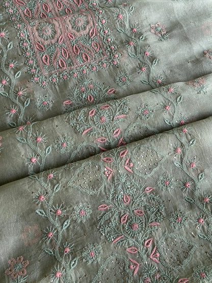 Olive Green Noor Organza Silk Chikankari With Kamdani Fabric