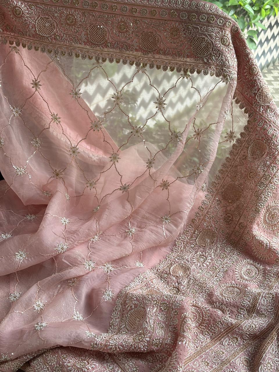 Soft Pink Heavy Organza Chikankari Saree With Blouse