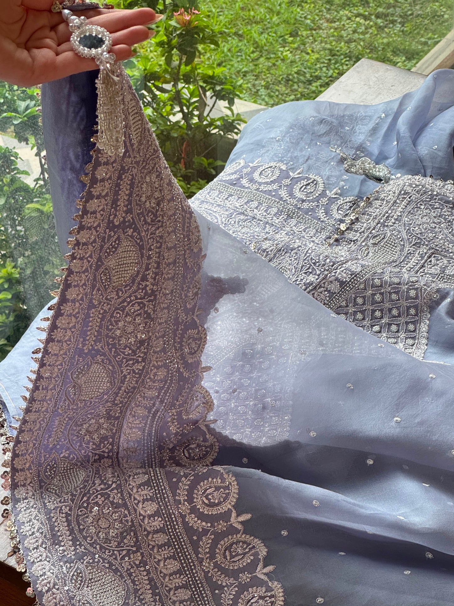 Noor Mauve Blue Chikankari Saree With Blouse