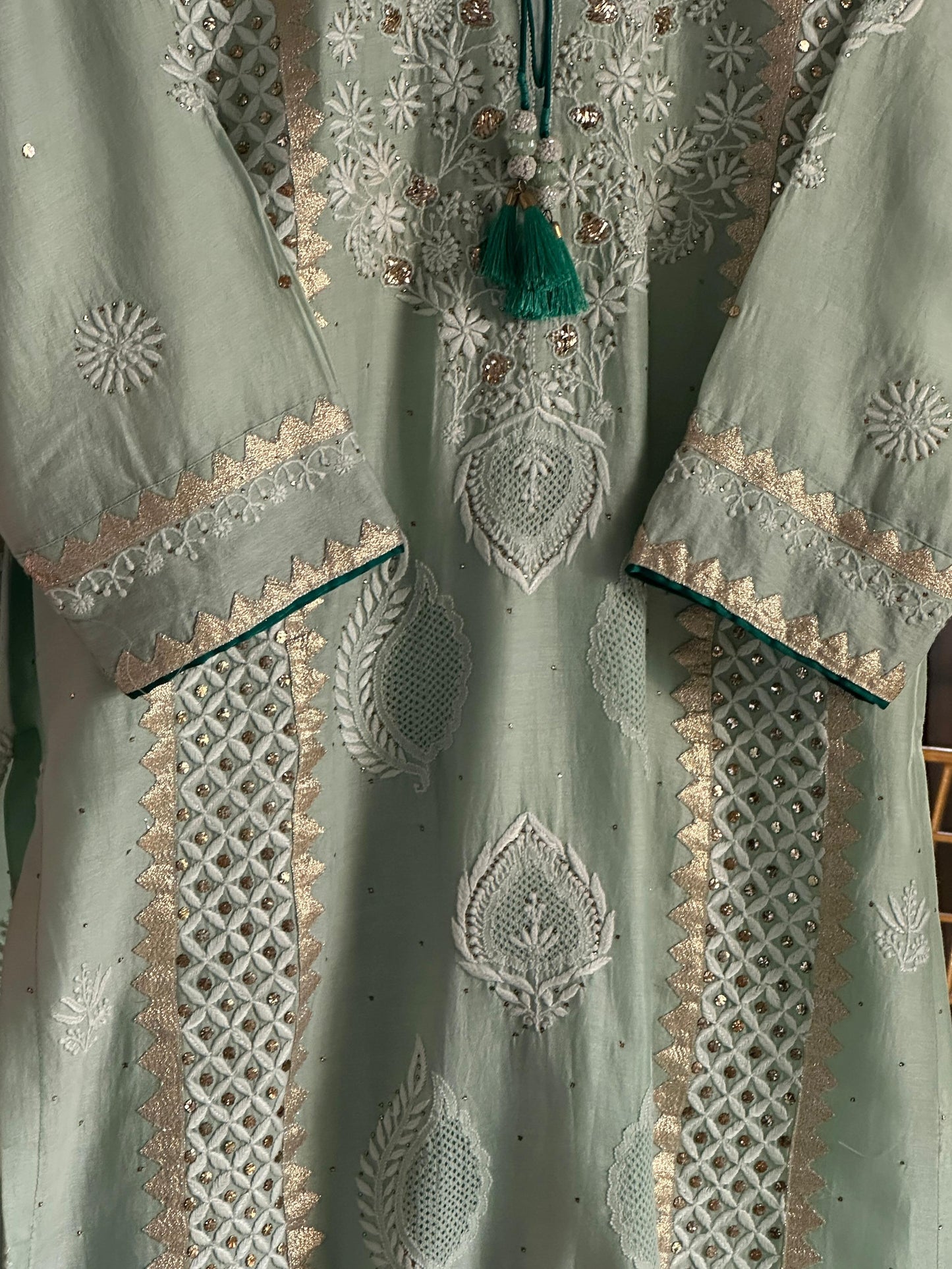 Sea Green & Teal Shade Chanderi Daraz Applique Chikankari Mukaish Kurta Dupatta Set