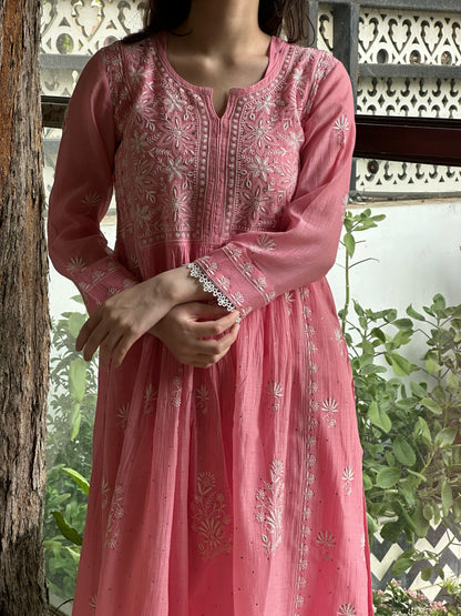 Pink Shade Malmal Mukaish Kamdani Chikankari Kurta Set