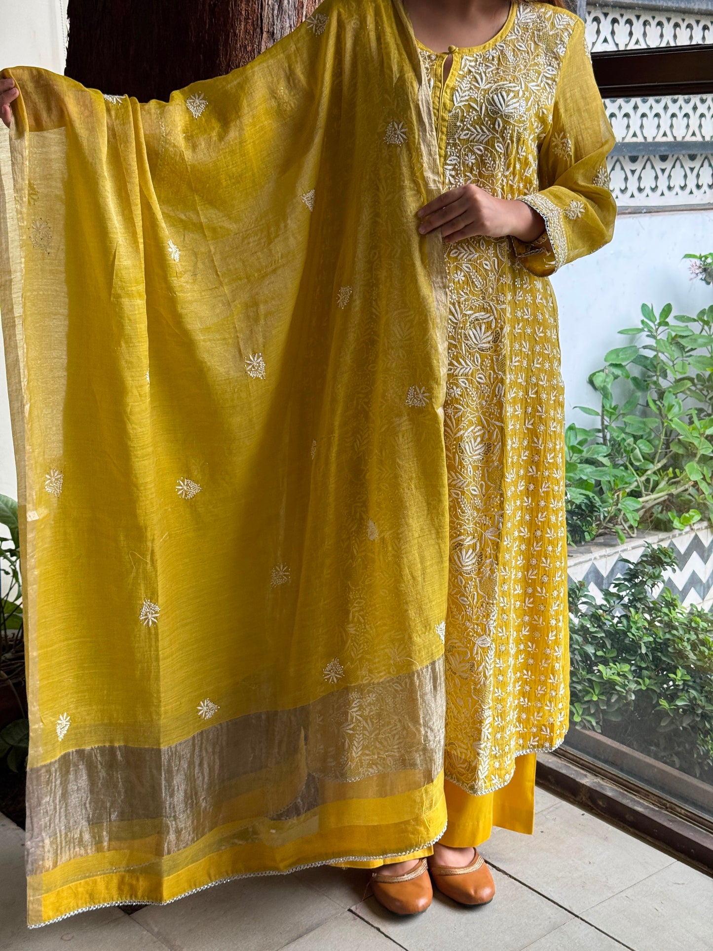 Yellow Tissue Silk Chikankari Straight Cut Kurta Dupatta Set