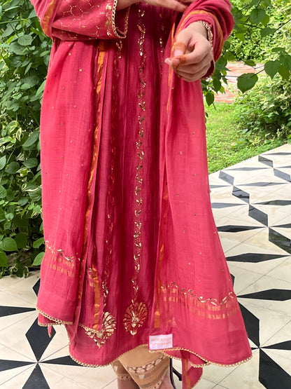 Sorbet Pink Mukaish Mul Chanderi Silk Ready To Wear Dress