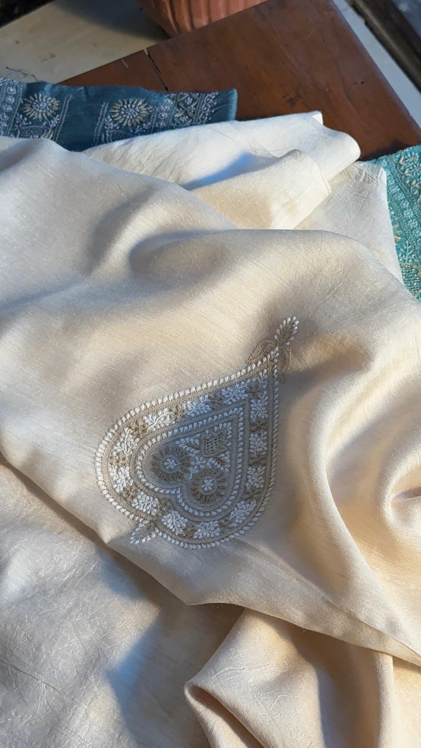 Natural Beige Moonga Silk Chikankari Men’s Kurta Fabrics