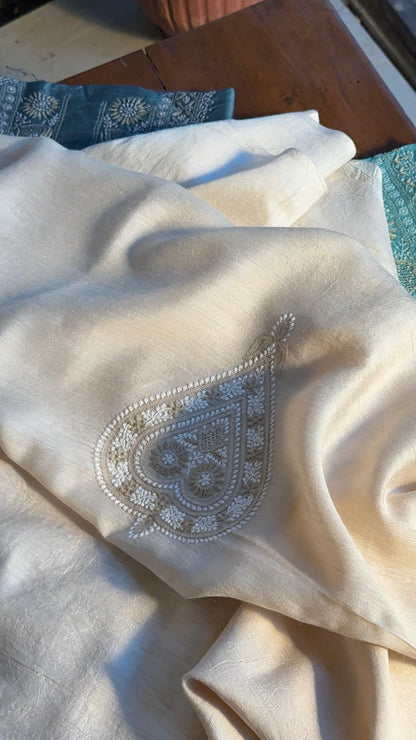 Natural Beige Moonga Silk Chikankari Men’s Kurta Fabrics