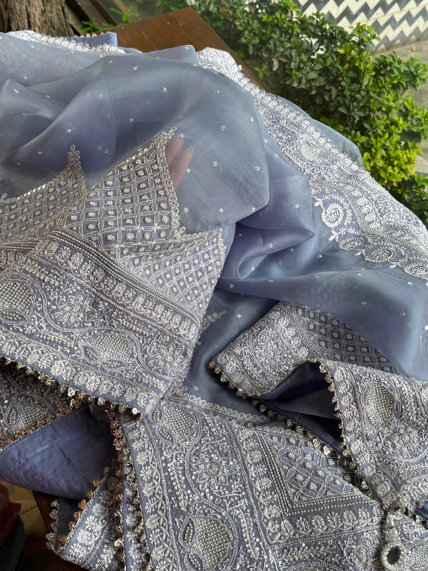 Noor Mauve Blue Chikankari Saree With Blouse