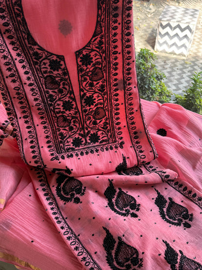 Candy Pink & Black Mal Chanderi Silk Chikankari A Line Unstitched Fabric