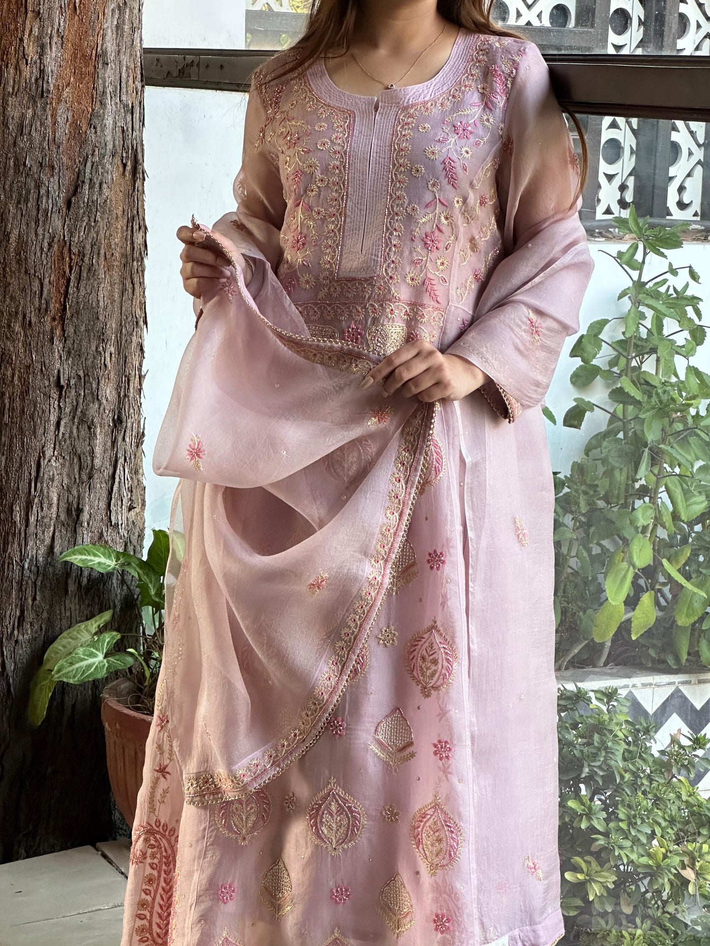 Mauve Pink Shade Noor Organza Chikankari A Line Kurta With Dupatta