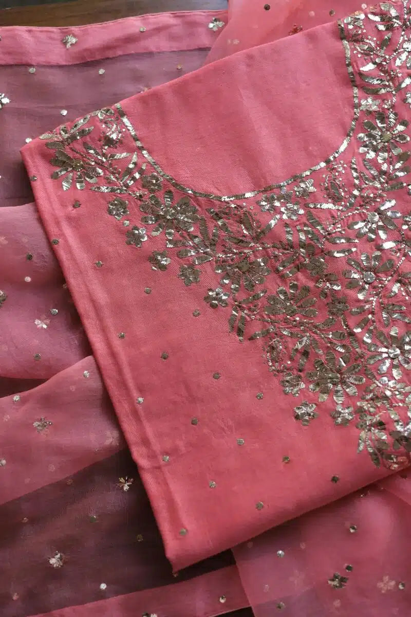 Carrot Pink Chanderi Silk Mukaish Badla Unstitched Fabrics
