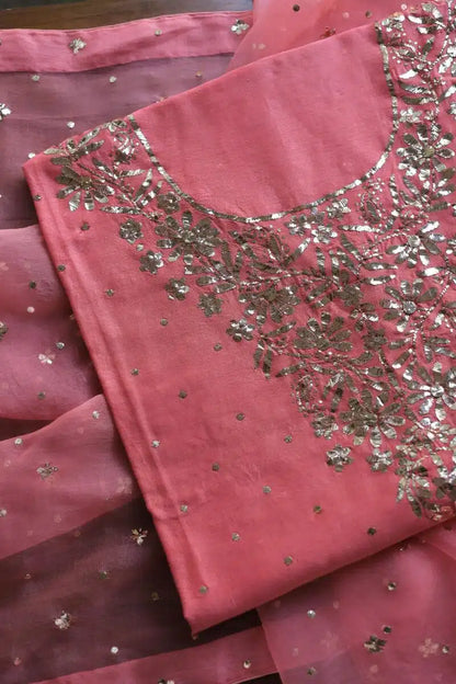 Carrot Pink Chanderi Silk Mukaish Badla Unstitched Fabrics