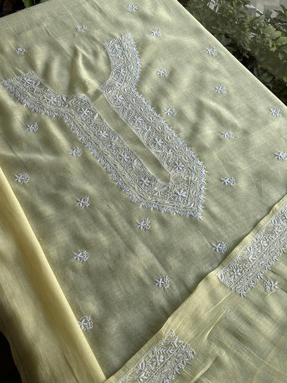 Lemon Yellow Mulmul Chikankari Unstitched Men's Kurtas Fabric