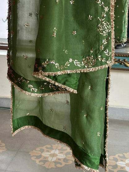 Green Moonga Silk Mukaish Badla Lehenga Set
