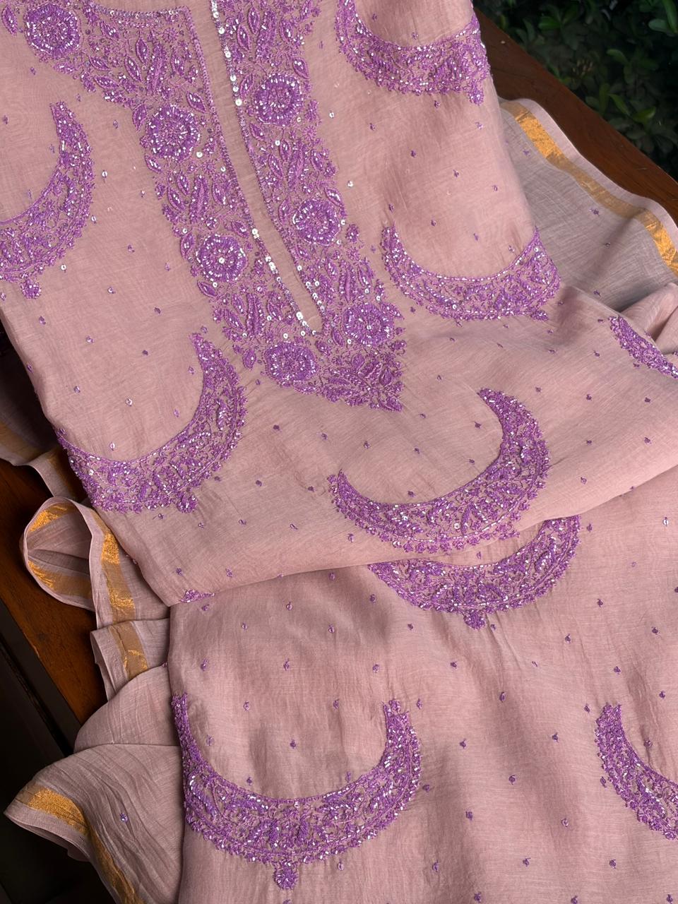 Latte Purple Crescent Chandbala Chikankari Unstitched Fabric