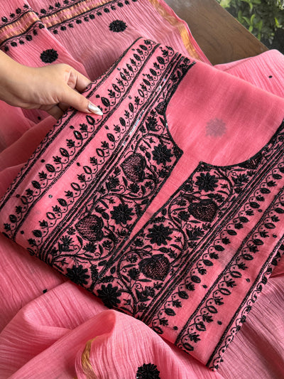 Candy Pink & Black Mal Chanderi Silk Chikankari A Line Unstitched Fabric