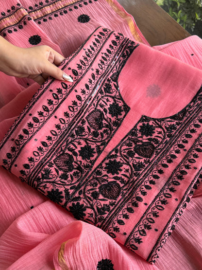 Candy Pink & Black Mal Chanderi Silk Chikankari A Line Unstitched Fabric
