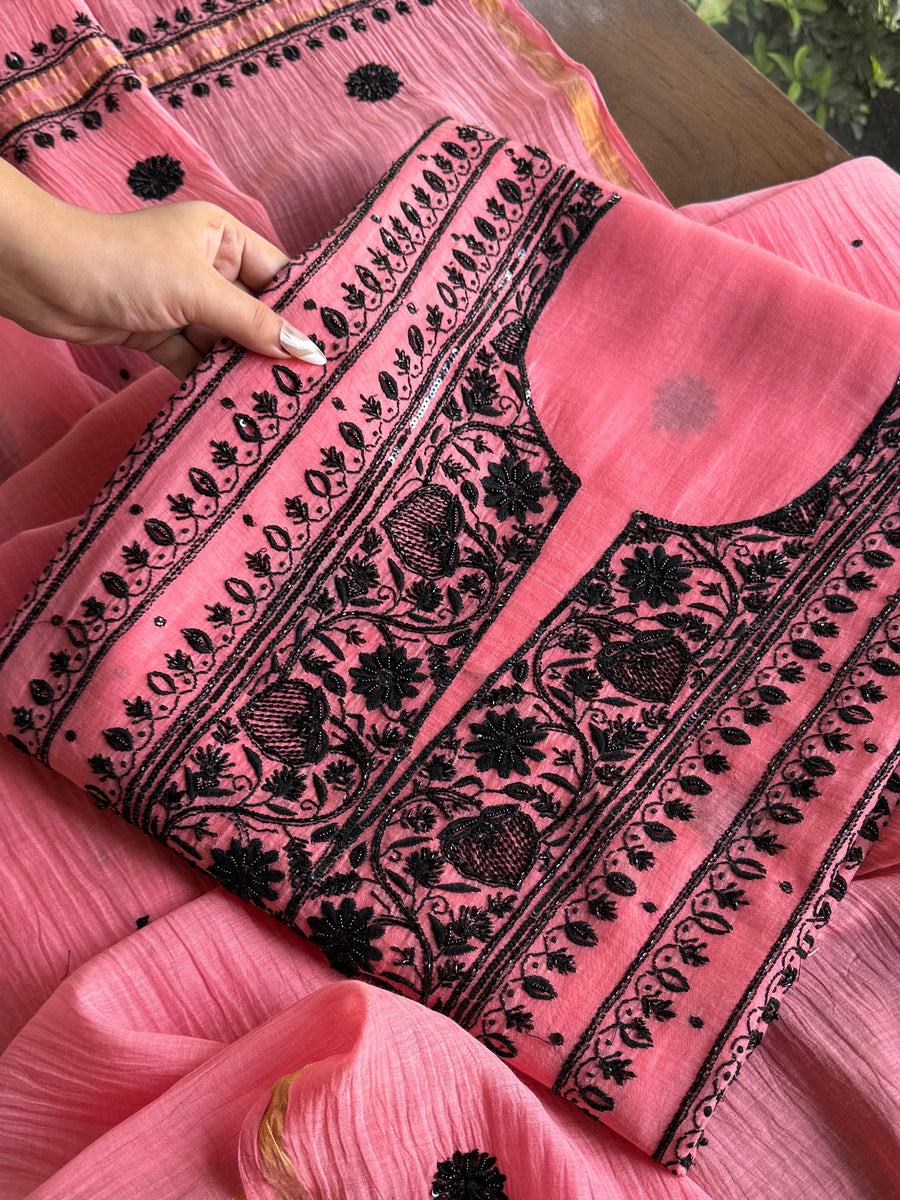 Candy Pink & Black Mal Chanderi Silk Chikankari A Line Unstitched Fabric