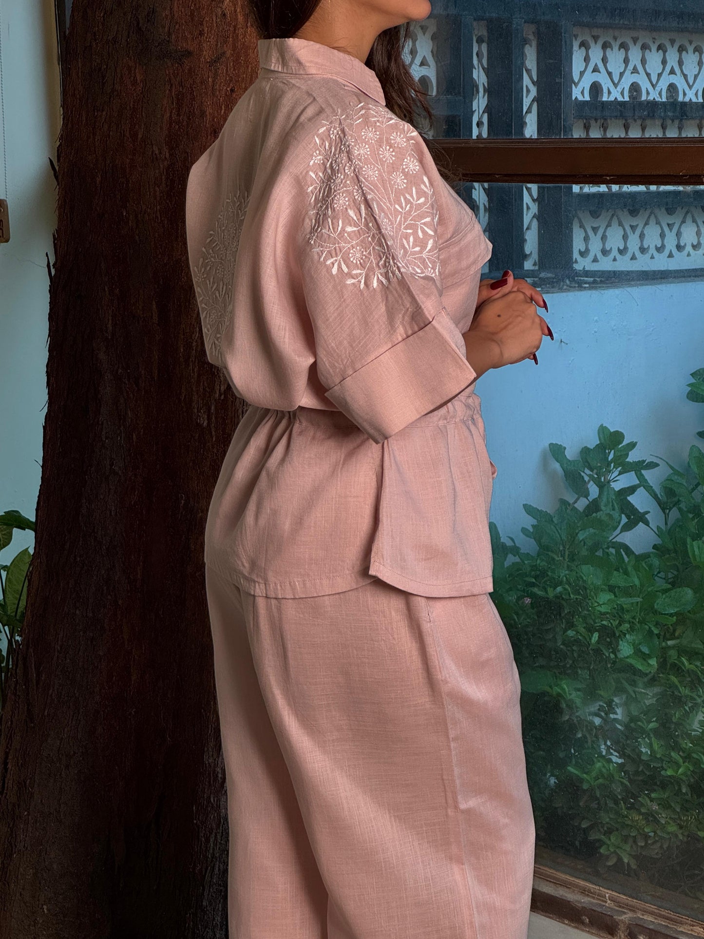 Linen Chikankari Safari Co-Ord Set
