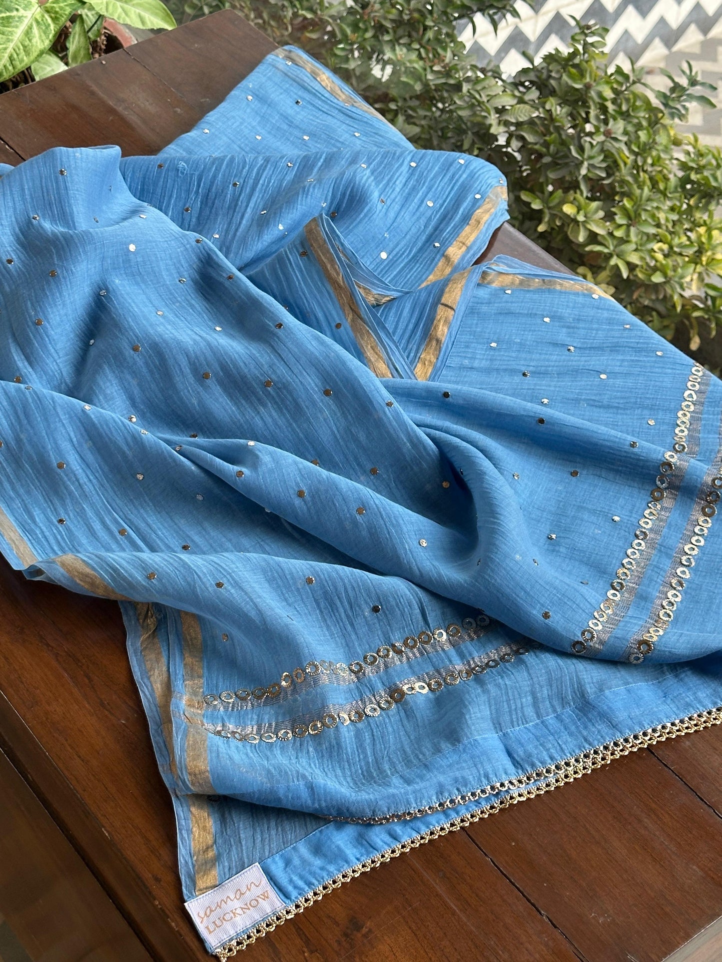 Powder Blue Shade Mukaish Mul Chanderi Silk Dress