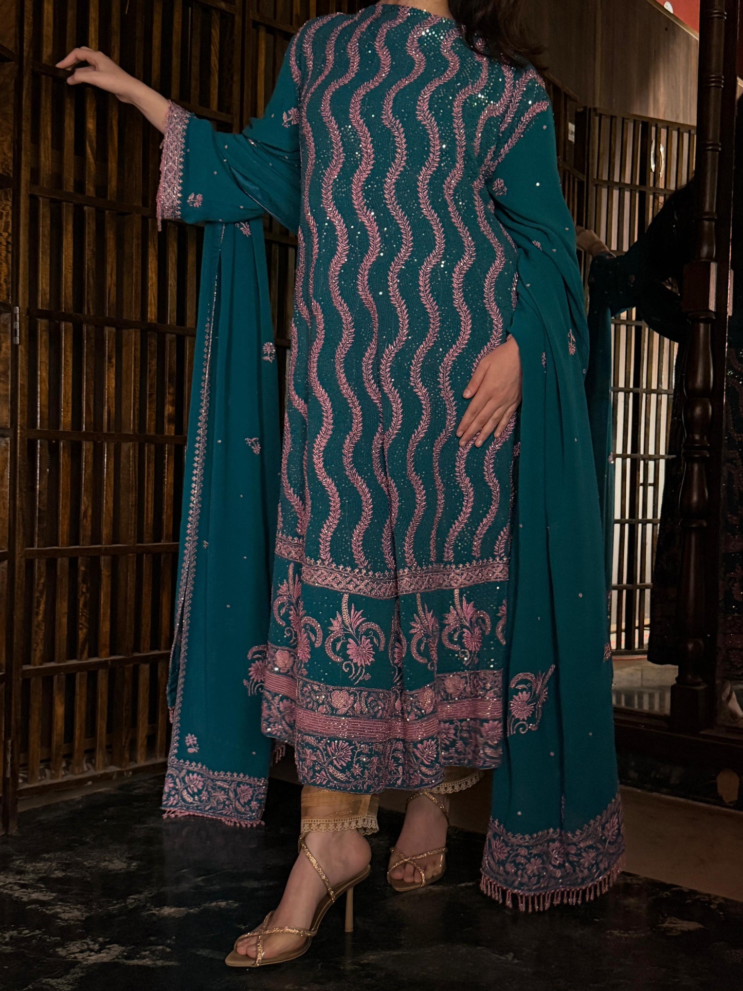 Prussian Blue Sequinned Georgette Chikankari Anarkali