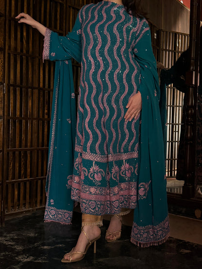 Prussian Blue Sequinned Georgette Chikankari Anarkali