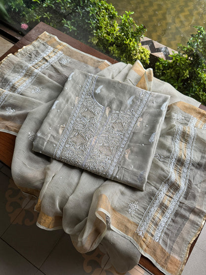 Grey Shade Banarasi Zari Chanderi Unstitched Chikankari Fabric