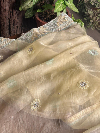 Lemon Shade Noor Banarasi Organza Chikankari Unstitched Fabric
