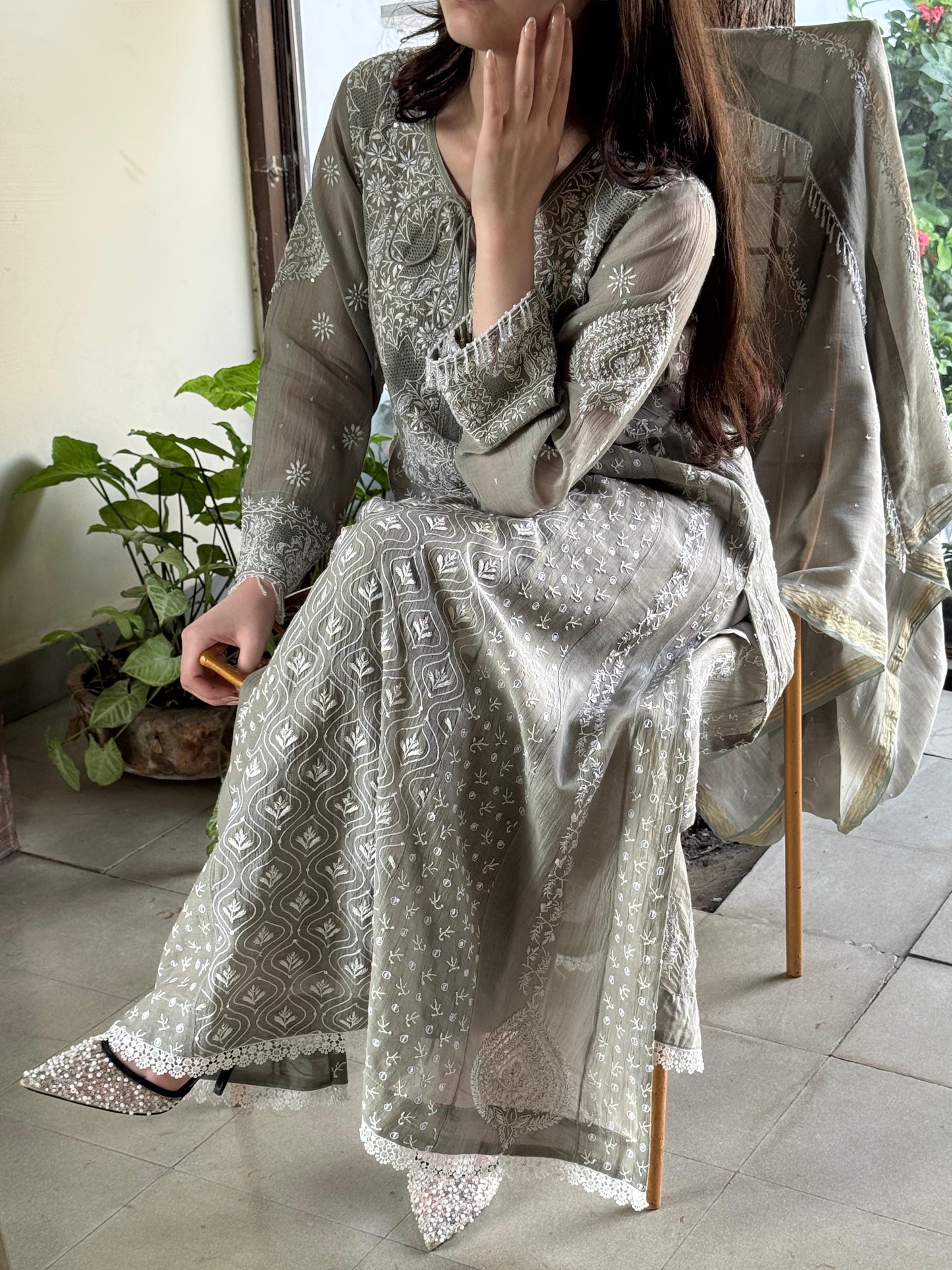 Slate Grey Shade Malmal Pearl Work Chikankari Anarkali