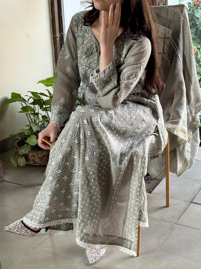 Slate Grey Shade Malmal Pearl Work Chikankari Anarkali