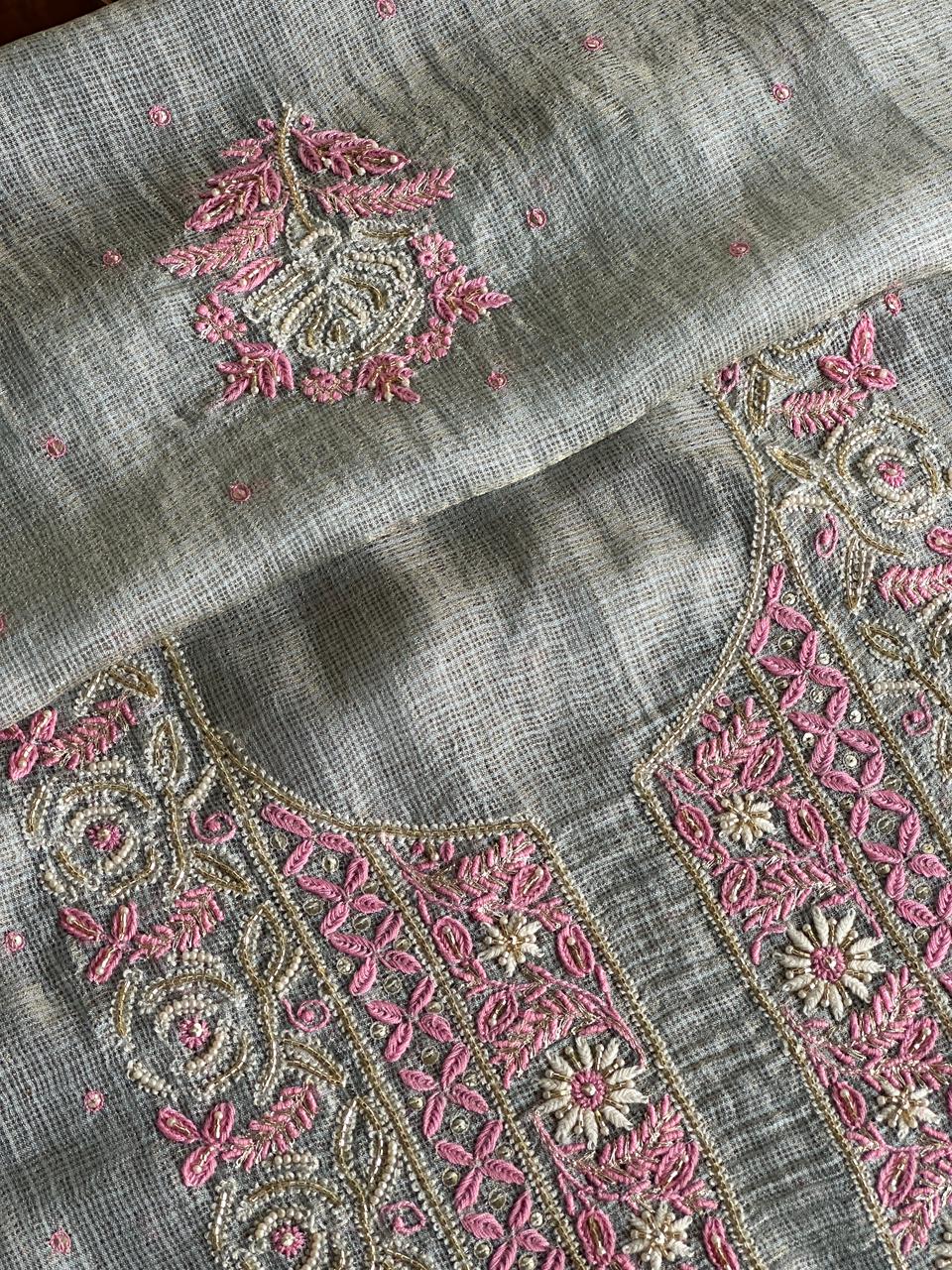 Smokey Grey Shade Tissue Kota Chikankari Unstitched Fabric