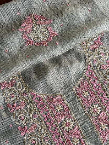 Smokey Grey Shade Tissue Kota Chikankari Unstitched Fabric