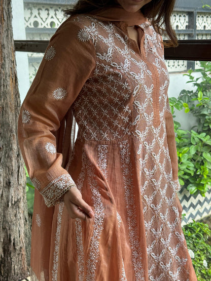 Coral Peach Shade Tissue Silk Chikankari Work Kalidar Kurta Dupatta Set