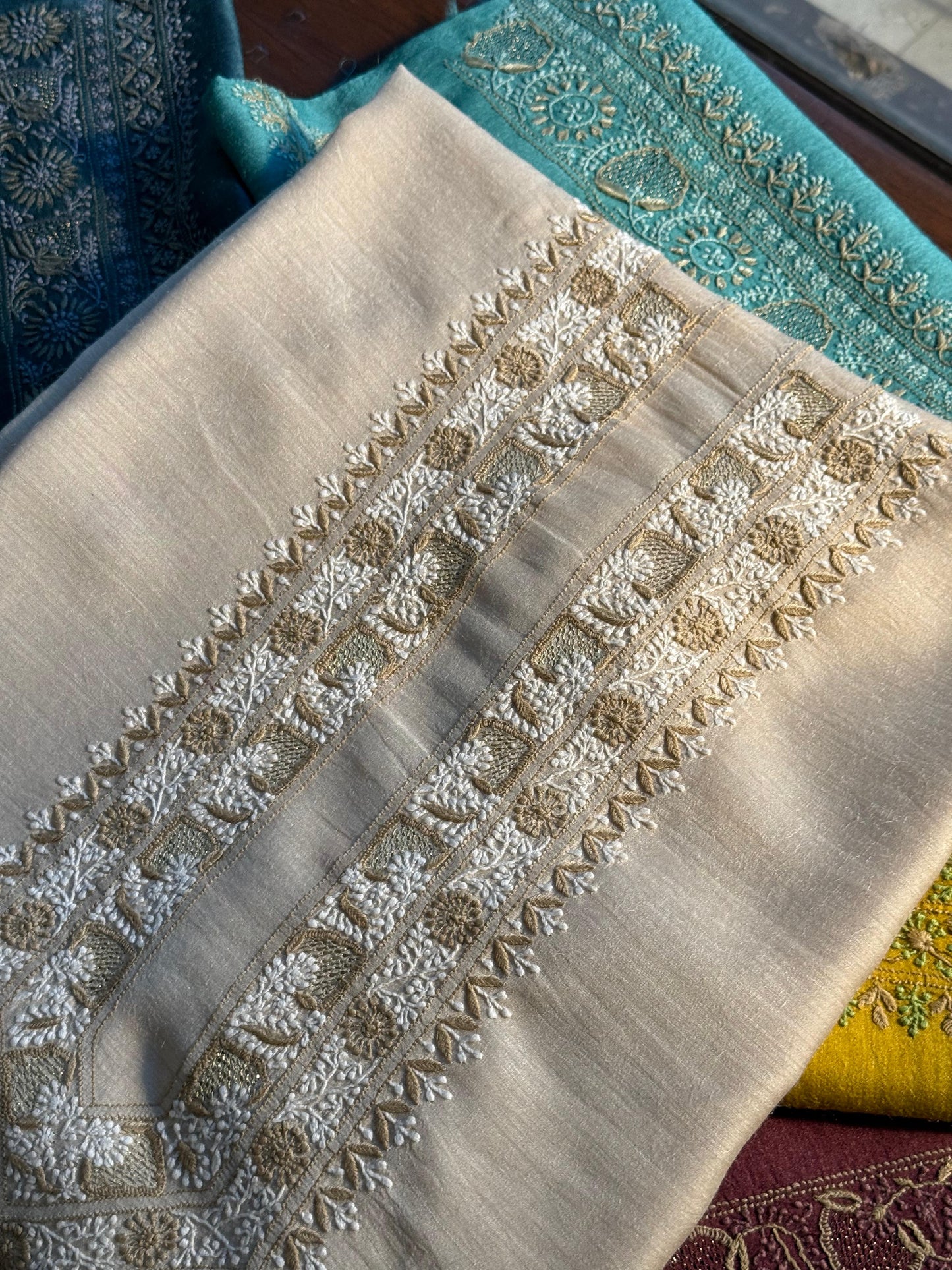 Natural Beige Moonga Silk Chikankari Men’s Kurta Fabrics