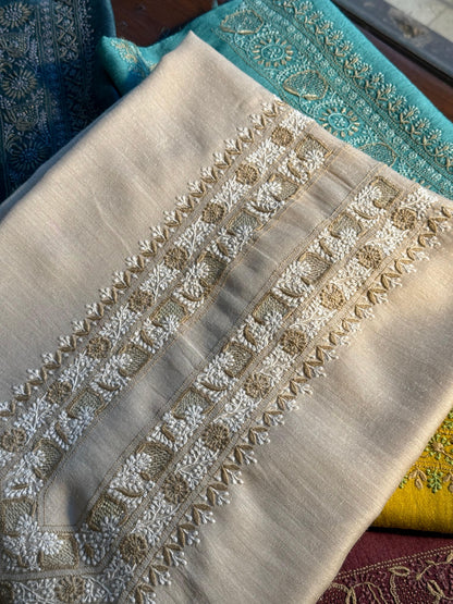 Natural Beige Moonga Silk Chikankari Men’s Kurta Fabrics