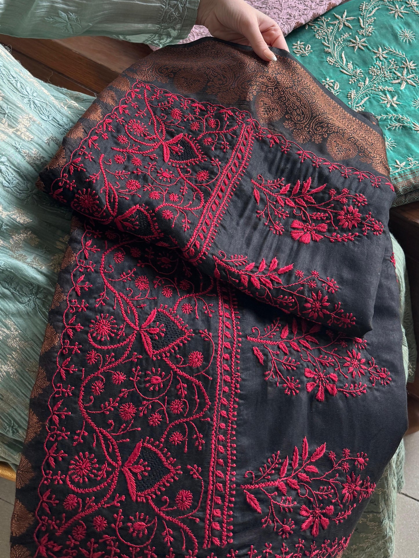 Black & Red Chanderi Saree with Chikankari Embroidery & Banarasi Zari Border